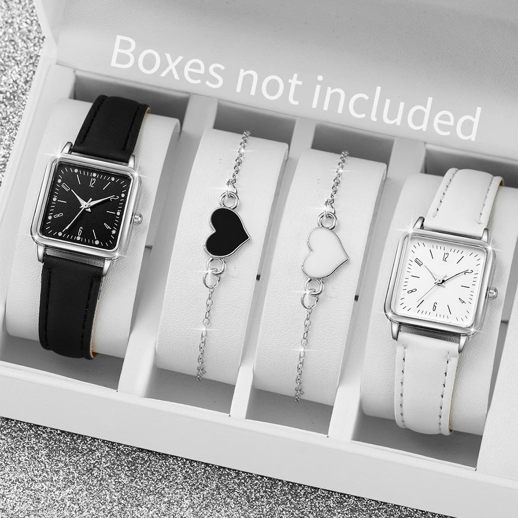 2/4PCS Fashion Square Women's Watch Leather Band Quartz Watches Heart Bracelet Set（Without Box）