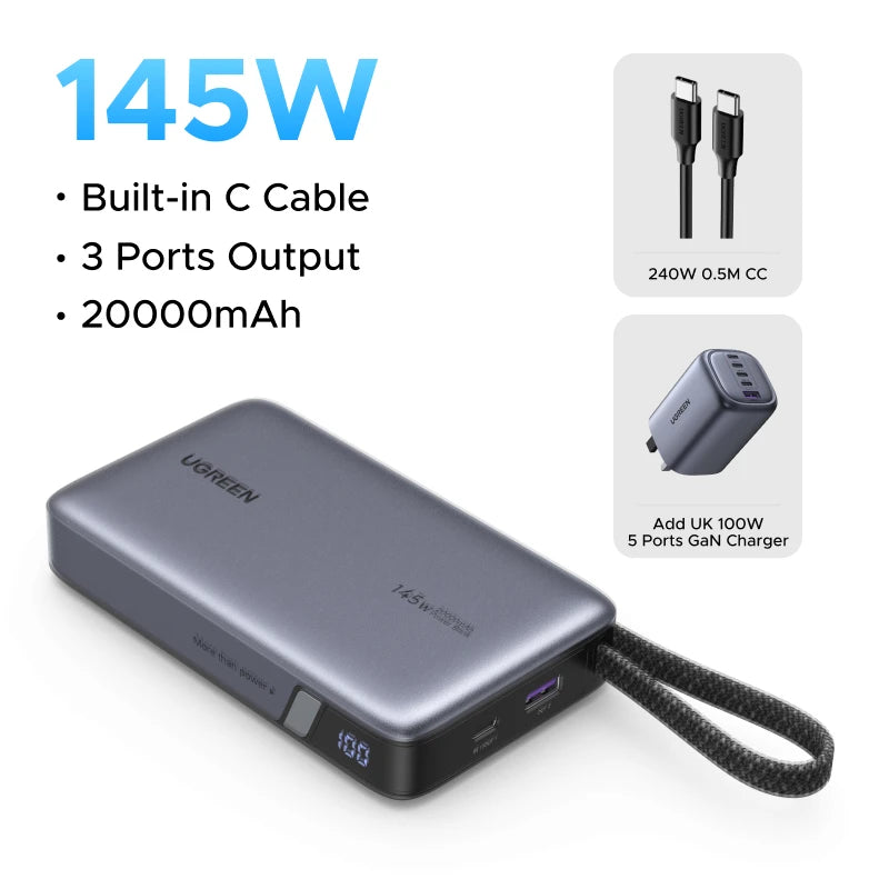 UGREEN 145W Power Bank 20000mah Built-in Type C Cable PD3.0 100W Portable Laptop Charger External Battery