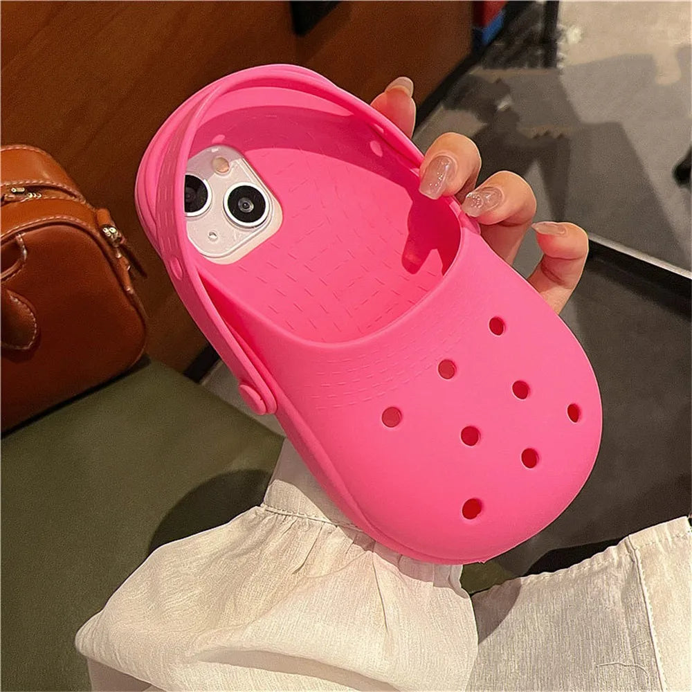 INS Cute Funny Hole Slippers Phone Case For iPhone 15 13 14 12 11 Pro Max Creative Summer Camera Protection Soft Silicon Cover