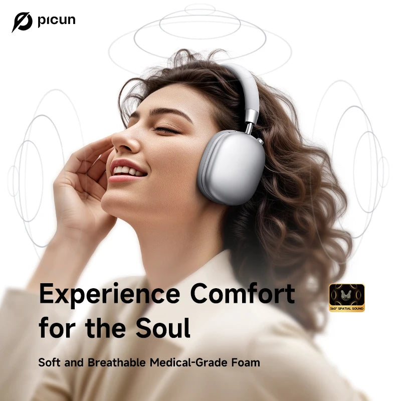 Picun F5 ANC Wireless Bluetooth 5.3 Headphones Hi-Res Audio Over Ear Headset 25dB Adaptive Noise Cancellation Earphones 50H