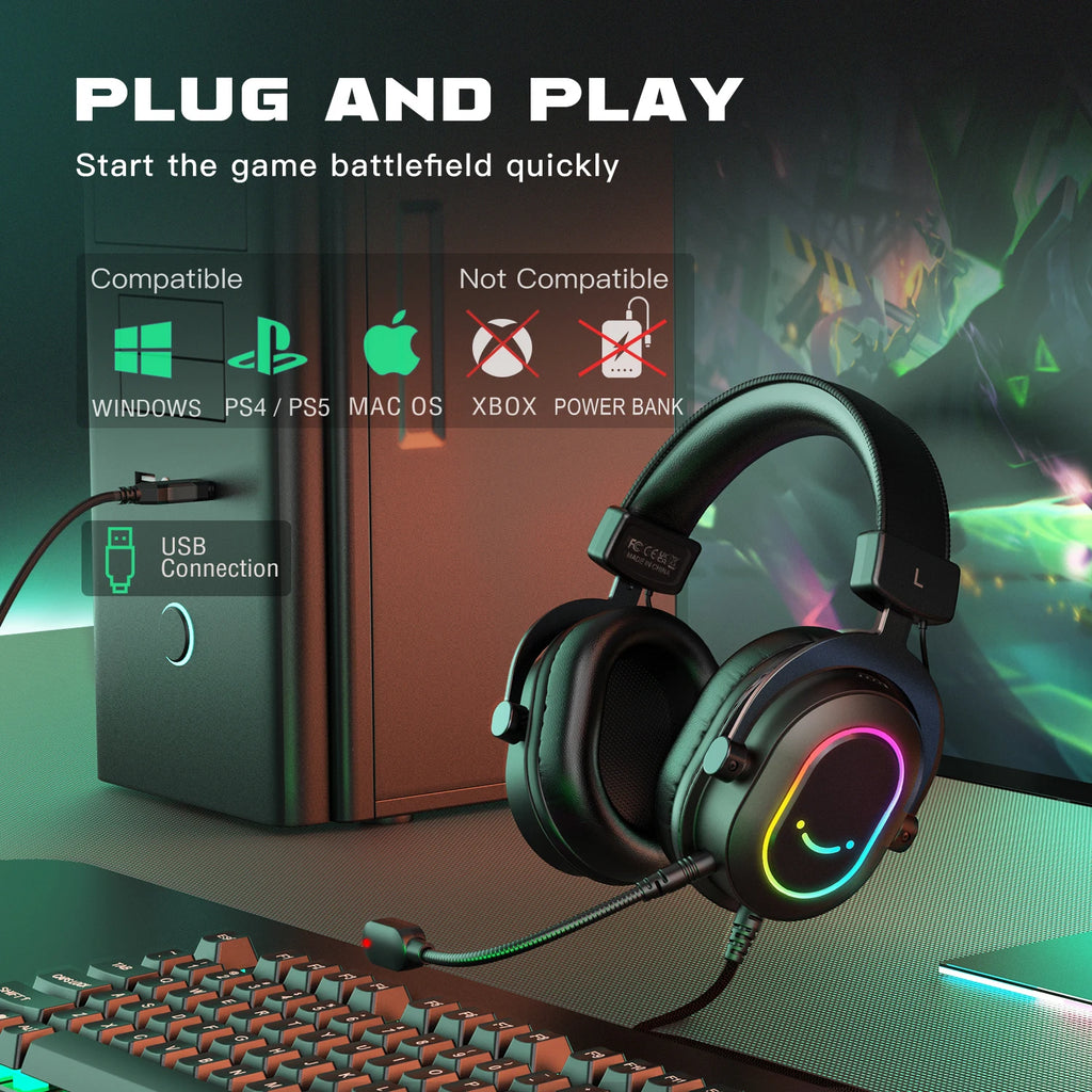 Fifine Dynamic RGB Gaming Headset with Mic Over-Ear Headphones 7.1 Surround Sound PC PS4 PS5 3 EQ Options Game Movie Music