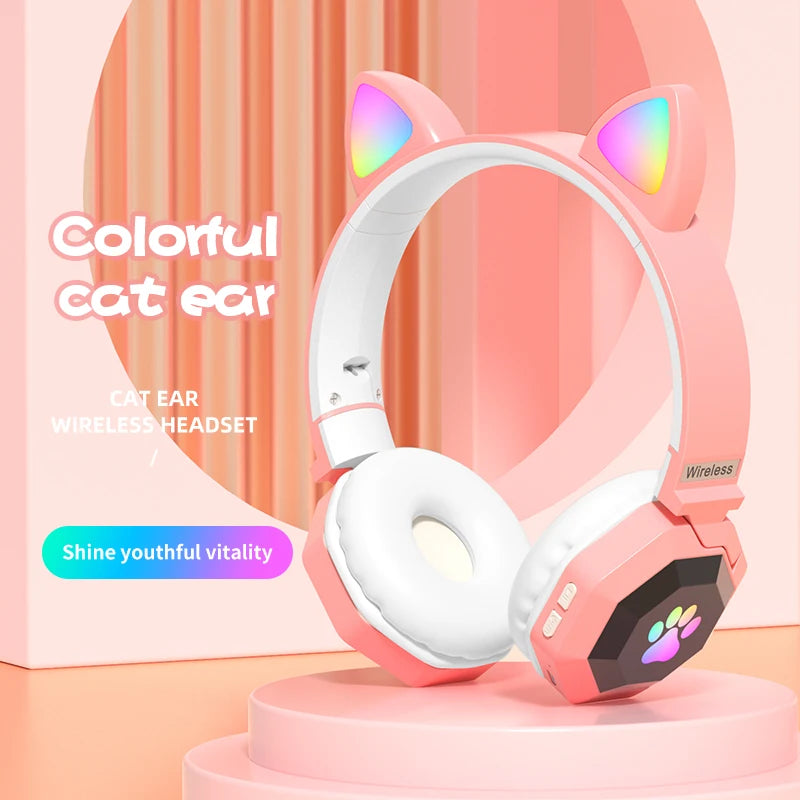 Flashing LED Cute Cat Ears Headphones Bluetooth Wireless Headset with Mic TF FM Kid Girl Stereo Music Earbud Kitten Earphon Gift