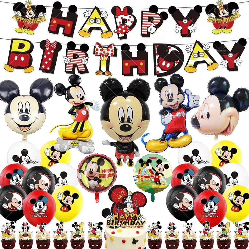 Mickey Balloon Cartoon Mouse Minnie Decorations Party Happy Birthday Banner Cake Topper Disposable Tableware Background Gift Bag