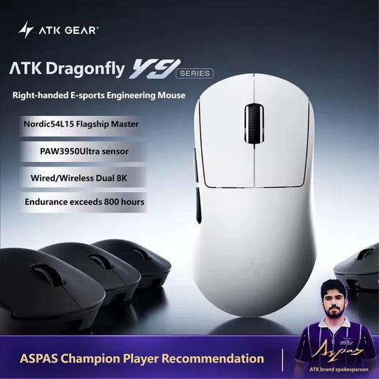 ATK Y9 Ultimate Tri-Model Right-Hand Wireless Gaming Mouse Dual 8KHz Lightweight PAW3950UItra Ergonomics E-sports Custom