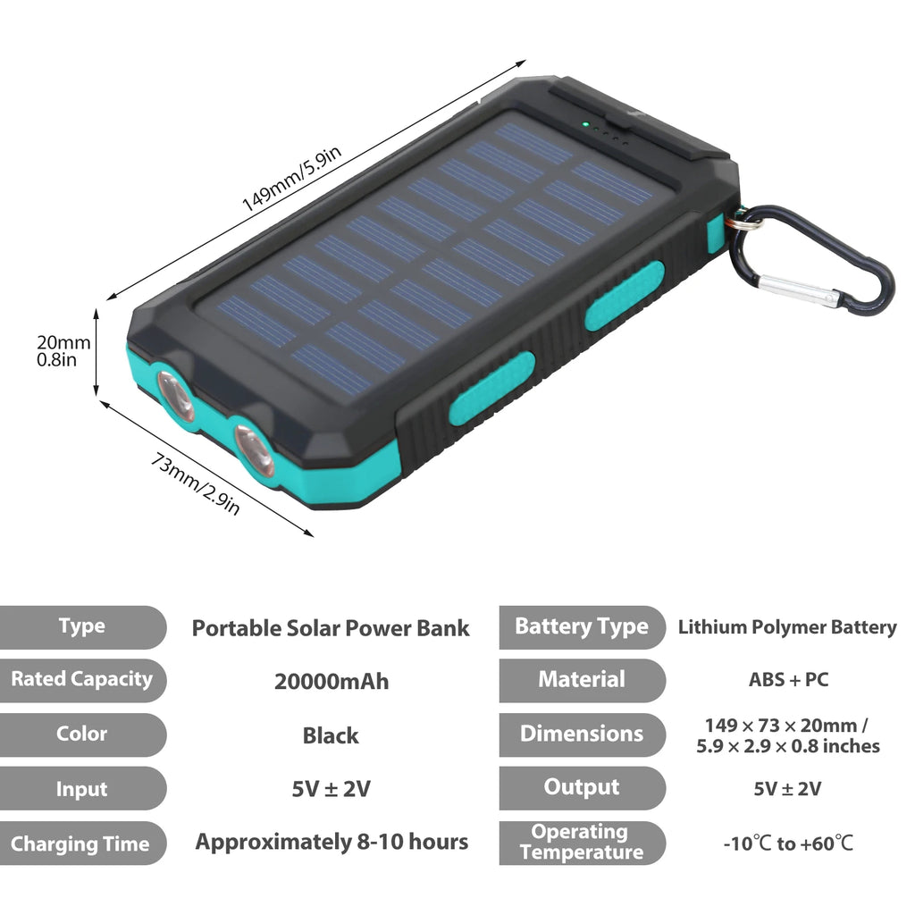 20000mAh Solar Charger Waterproof Portable Solar Power Bank Dual 5V USB Ports 2 LED Flashlight Compass for Outdoor Camping Hik