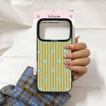 Simple Cute Pink White Plaid Love Heart Phone Case For iPhone 17 Air 16 Pro MAX 14 Plus 15 13 11 12Mini Stripes Design IMD Cover