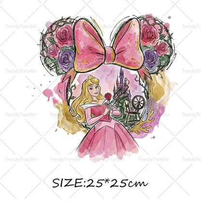 Mouse Head Princess Iron on Transfers for Clothes Heat Press Stickers Thermal Patches on Tees