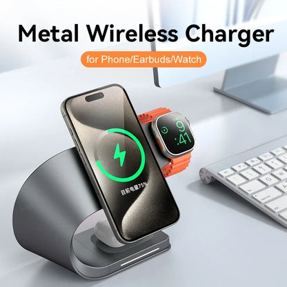 4 in 1 Wireless Charger Metal Shell Magnetic 15W Fast Charging Station Stand with LED Light for iPhone 12-16 17 Mobile Phones