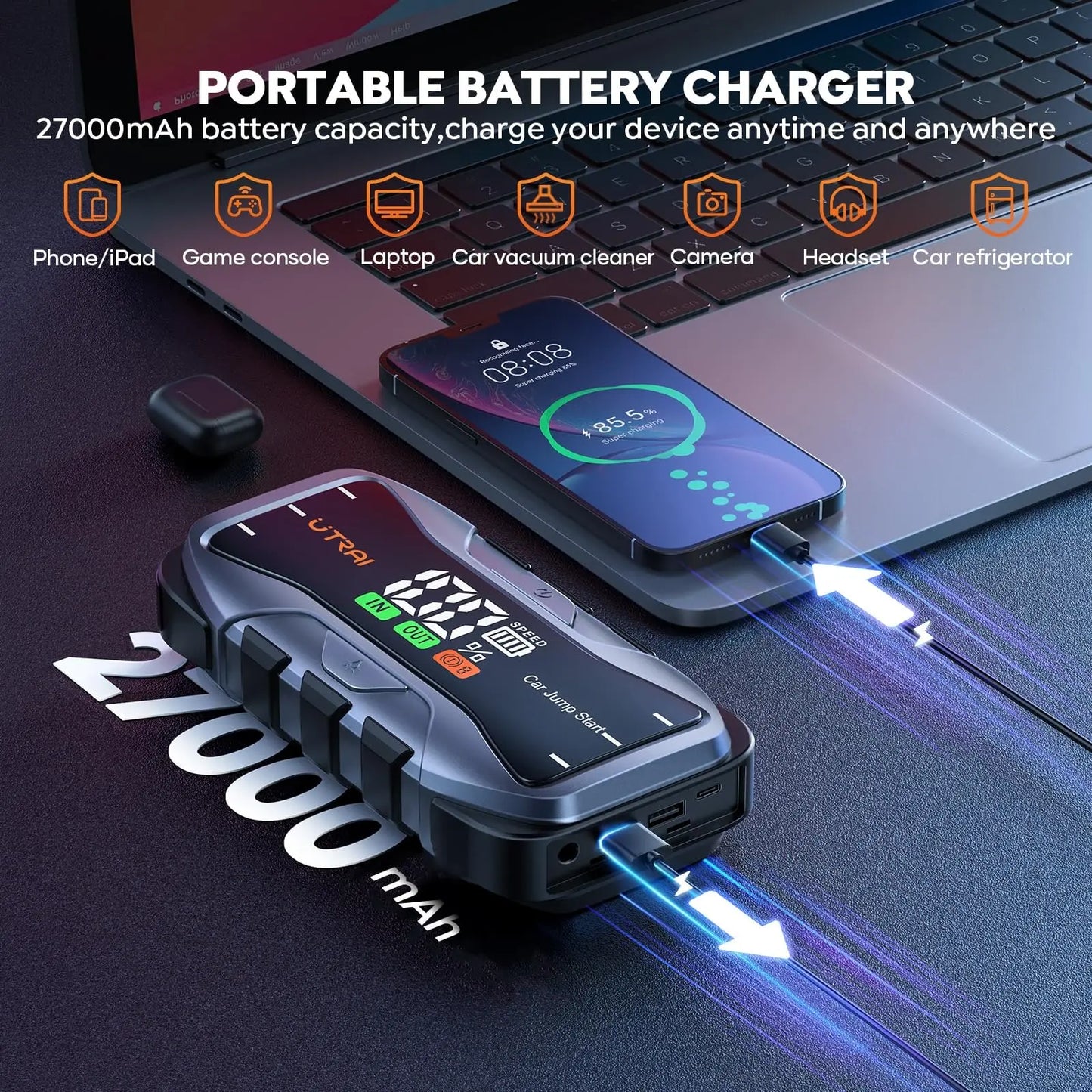 UTRAI  27000mAh Car Jump Starter Power Bank 6000A Car Booster Auto Emergency Starting Device Jump Start for Petrol Diesel