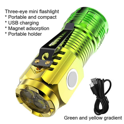 Three-eyed monster LED flashlight, a must-have for night travel, portable, high brightness, strobe lighting