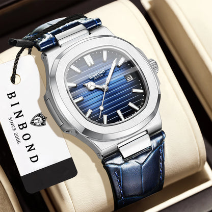 BINBOND precise quartz wristwatches for men luxury luminous waterproof auto date leather strap durabble men's watch casual reloj