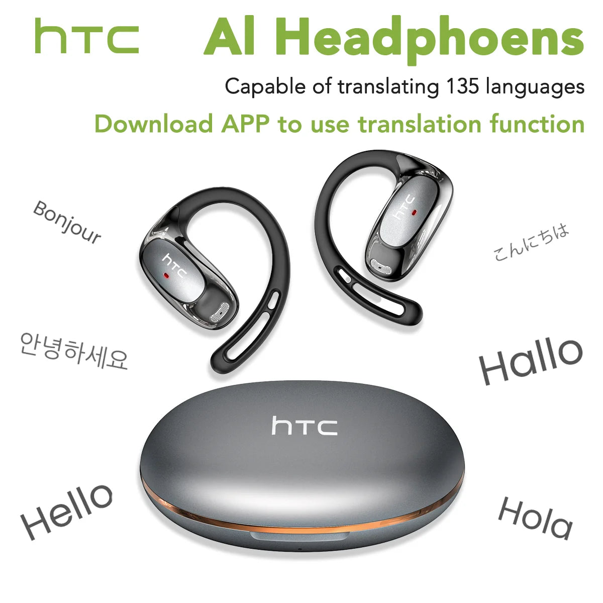 HTC NE35  Wireless Headphones OWS Bluetooth V6.0 Earphones with Mic HD Call Bass Longlife Sports Earhook AI Translator Earbuds