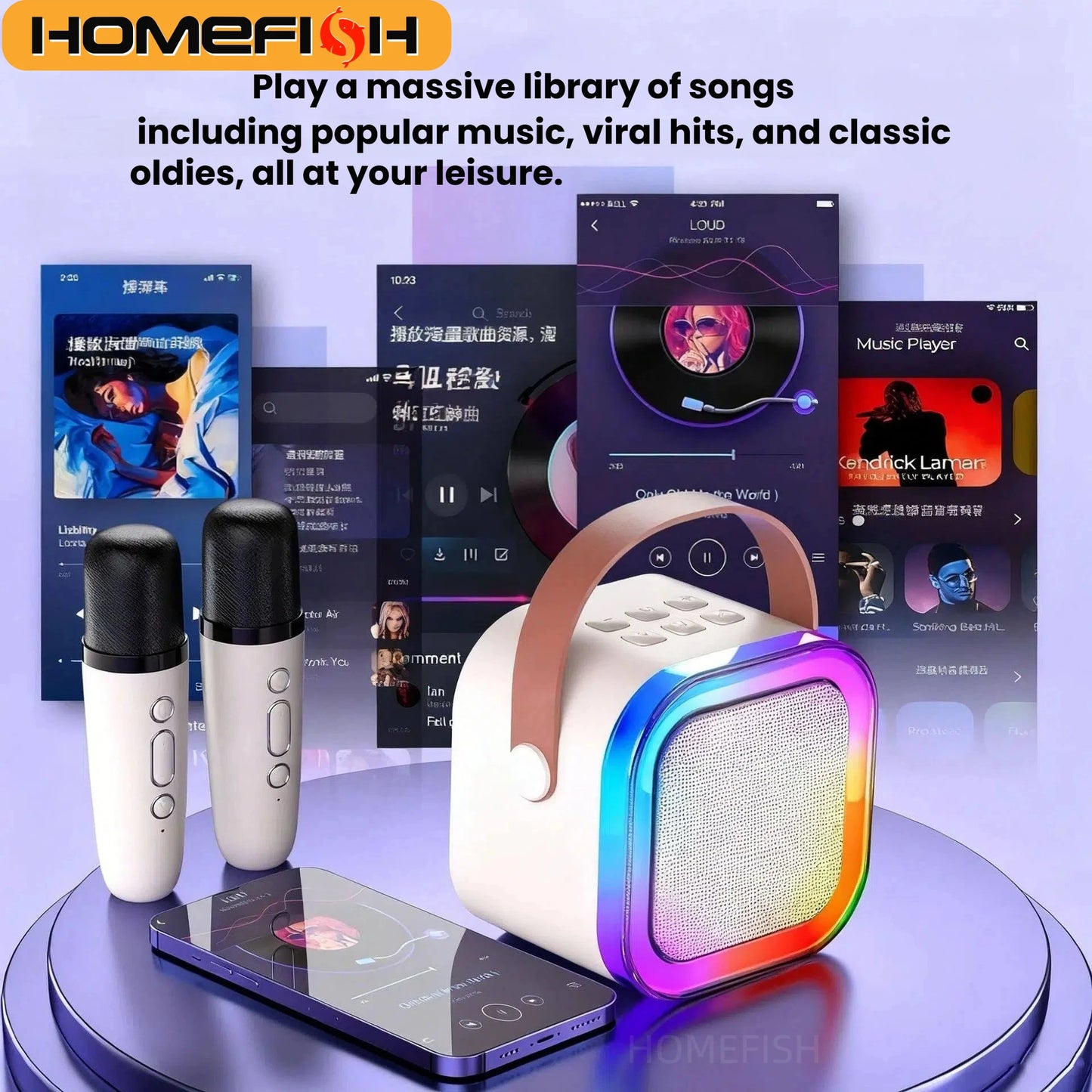 HOMEFISH K12 Karaoke Machine Portable 5.3 PA Speaker System with 1-2 Wireless Microphones Home Family Singing Children's Gifts