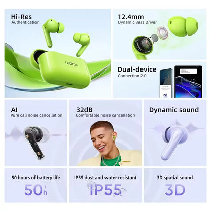Original Realme Buds T200 32dB Active Noise Cancellation TWS Earphone True Wireless Earbuds Bluetooth 5.4 50 Hour Battery