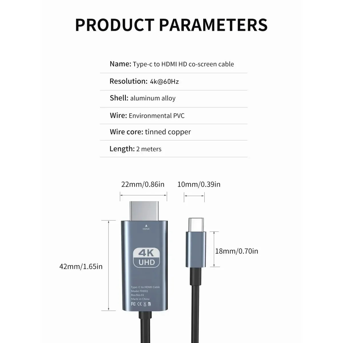 2M Type-C to HDTV Adapter Cable 4K 60Hz HD Video Sync Cord PVC for Computer Laptop Monitor Projector Screen Output Accessory