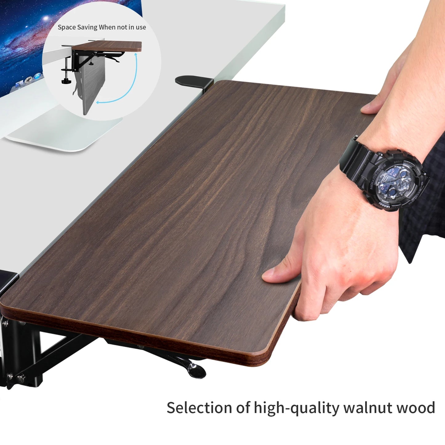 Walnut Wooden Desk Extender Ergonomic Design Large Space Foldable Structure Clamp- On Keyboard Tray Elbow Arm Support for Desk