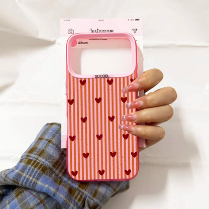 Simple Cute Pink White Plaid Love Heart Phone Case For iPhone 17 Air 16 Pro MAX 14 Plus 15 13 11 12Mini Stripes Design IMD Cover