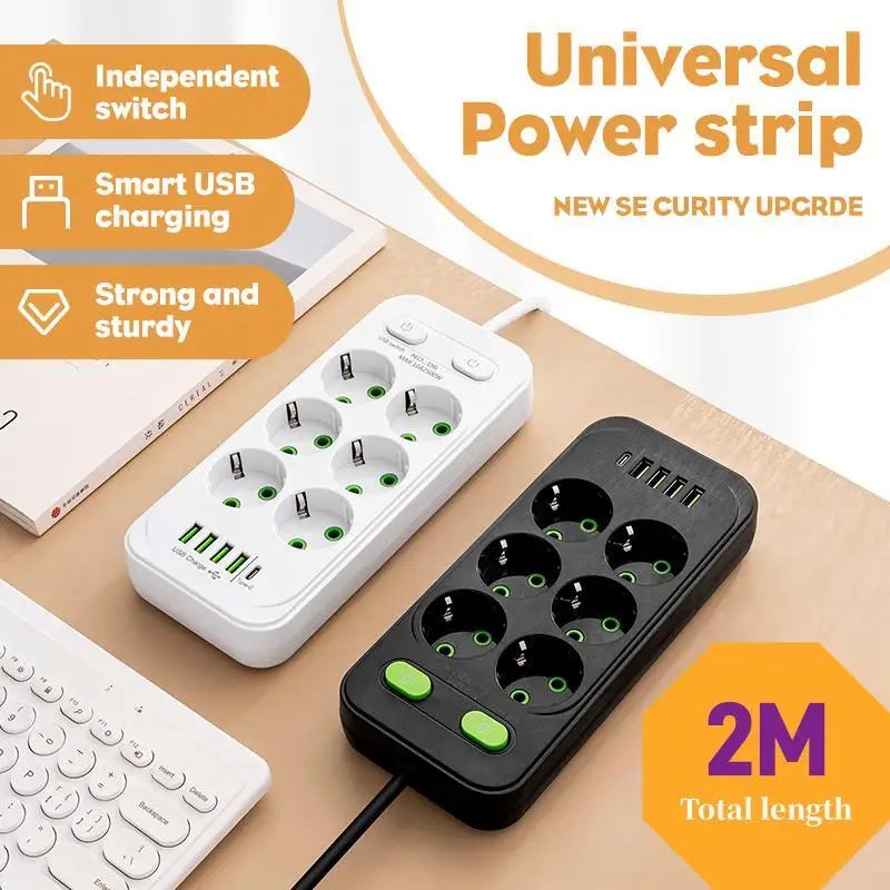 EU Plug AC Outlets Multitap Socket 2M Extension Cord Electrical Power Strip USB Type C Fast Charging Network Filter Adapter 1pc