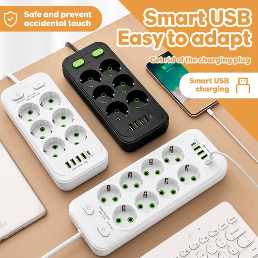 EU Plug AC Outlets Multitap Socket 2M Extension Cord Electrical Power Strip USB Type C Fast Charging Network Filter Adapter 1pc