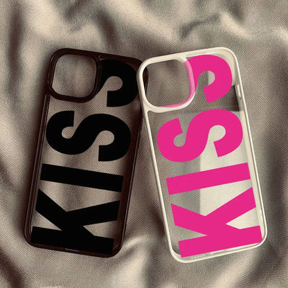 Simple Pink Black Letters Kiss Phone Case For iPhone 15 16 13 17 14 Pro Max 12Mini 11 XR 7 8Plus Shockproof Clear Hard Cover Bag