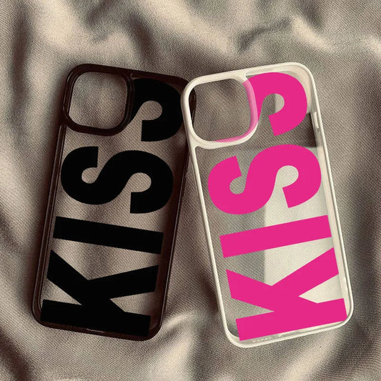 Simple Pink Black Letters Kiss Phone Case For iPhone 15 16 13 17 14 Pro Max 12Mini 11 XR 7 8Plus Shockproof Clear Hard Cover Bag