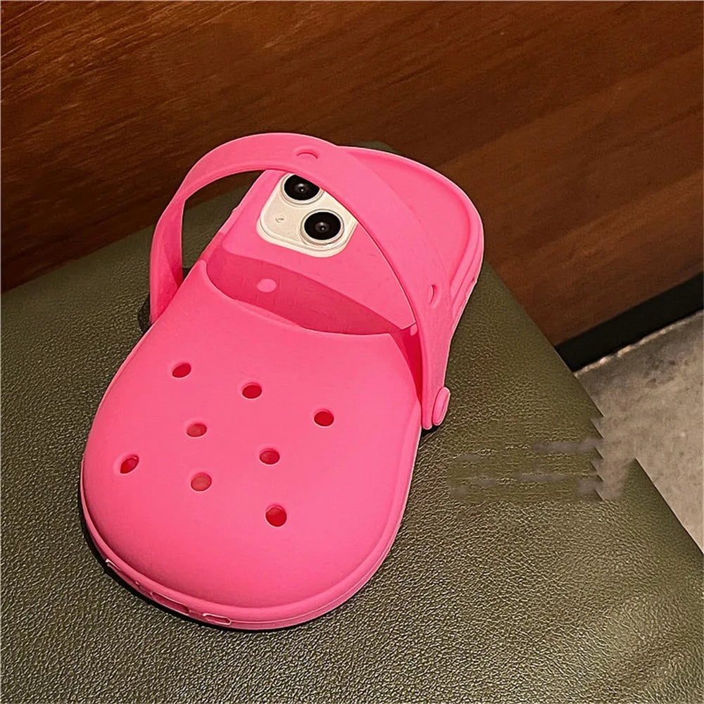 INS Cute Funny Hole Slippers Phone Case For iPhone 15 13 14 12 11 Pro Max Creative Summer Camera Protection Soft Silicon Cover