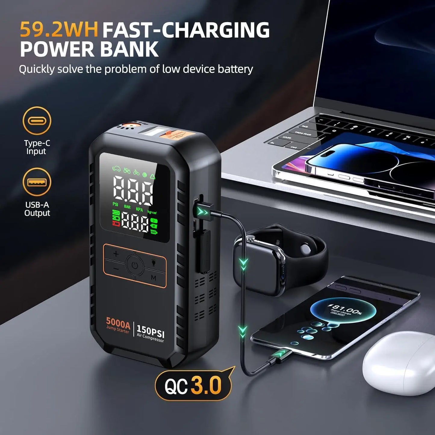 4-IN-1 Car Jump Starter with Air Compressor Peak 5000A Auto Battery Booster 150PSI Air Pump Portable Power Bank Tire Inflator