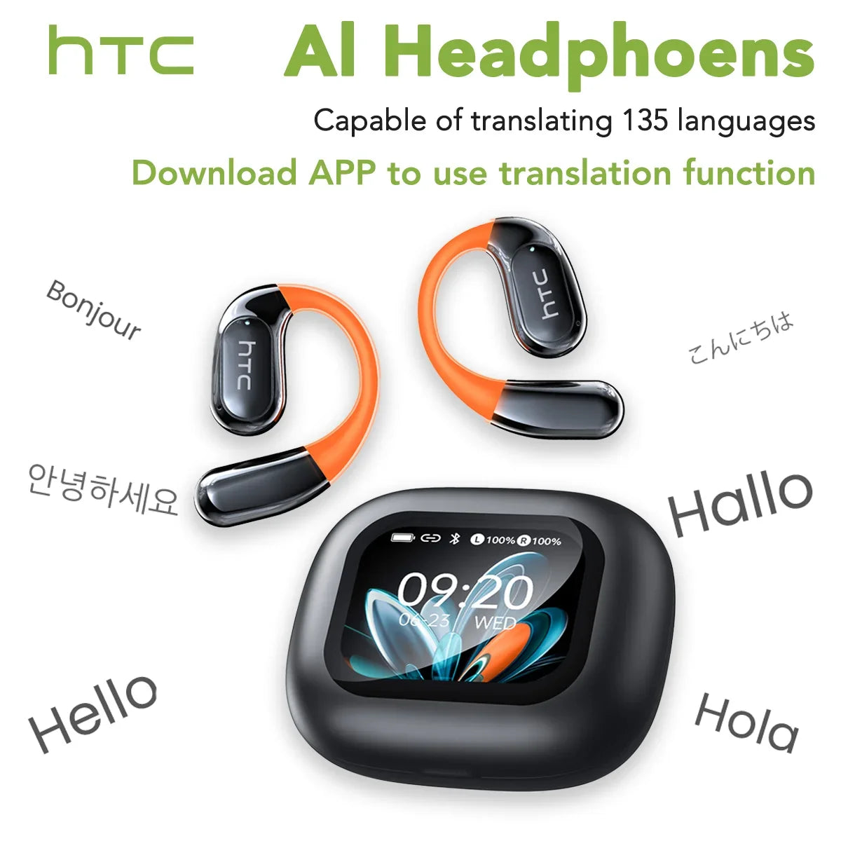 【HTC NE27】 Bluetooth Earphones AI OWS Sports Headphones LCD Screen Wireless Headphones Glowing Earhook Translator Earbuds