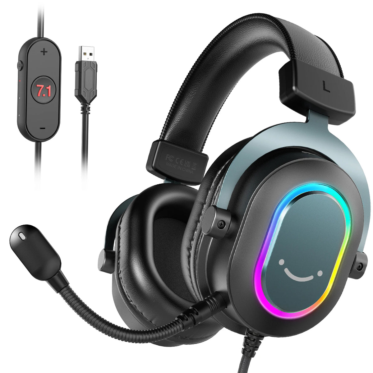Fifine Dynamic RGB Gaming Headset with Mic Over-Ear Headphones 7.1 Surround Sound PC PS4 PS5 3 EQ Options Game Movie Music