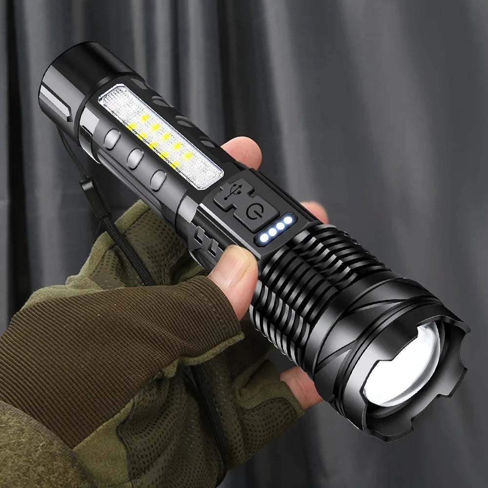 XHP50 20000LM Tactical Flashlight: Zoomable, USB Rechargeable, COB Side Light, Aluminum Alloy, Waterproof, Strike Bezel