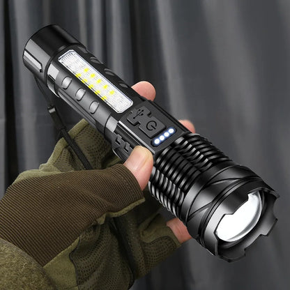 XHP50 20000LM Tactical Flashlight: Zoomable, USB Rechargeable, COB Side Light, Aluminum Alloy, Waterproof, Strike Bezel