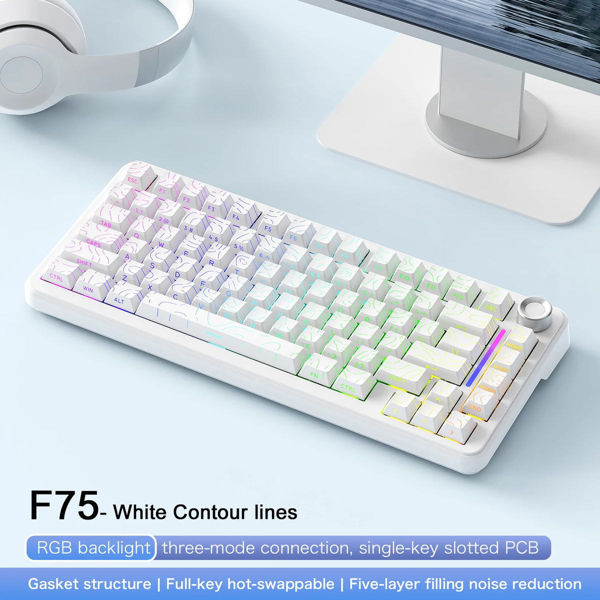 75% Hot Swap Gaming Keyboard Wireless FREEWOL F75 RGB Mechanical Keyboard with Metal Knobs AULA F75 Same Model,Tri-Mode,4000 mAh