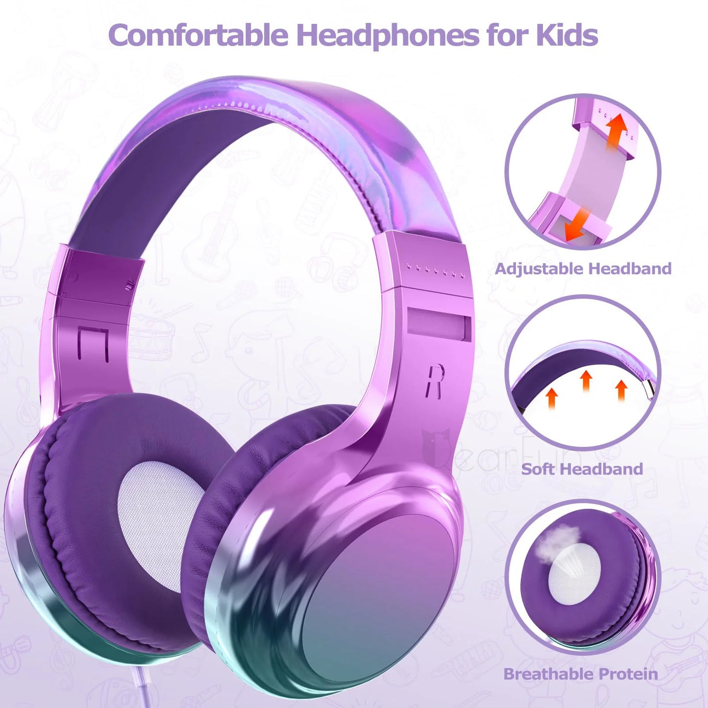 Gradient Cool Kids Headphones Girls Wired Headphones with Mic Adjustable Stereo Children Headphones for School/Travel Kids Gifts