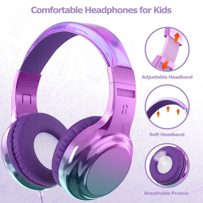 Gradient Cool Kids Headphones Girls Wired Headphones with Mic Adjustable Stereo Children Headphones for School/Travel Kids Gifts