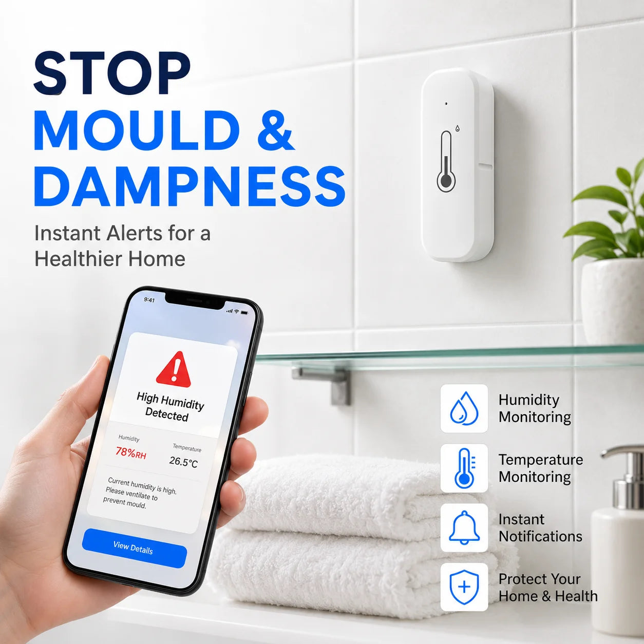 Tuya Smart Temperature Humidity Sensor, WiFi & Bluetooth, Alexa & Google Assistant Compatible, Indoor Home Automation Device