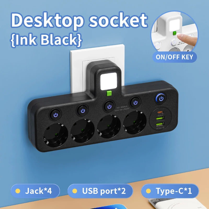 EU Plug AC Outlets Multitap Socket 2M Extension Cord Electrical Power Strip USB Type C Fast Charging Network Filter Adapter 1pc