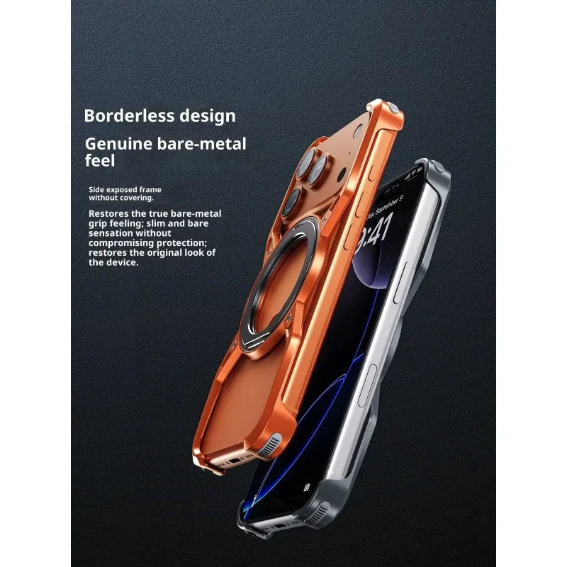 For iPhone 17 Pro Max 17Pro For MagSafe Orange Aluminum Alloy Magnetic Stand Phone Case Removable  Metal Rimless Bumper Cover
