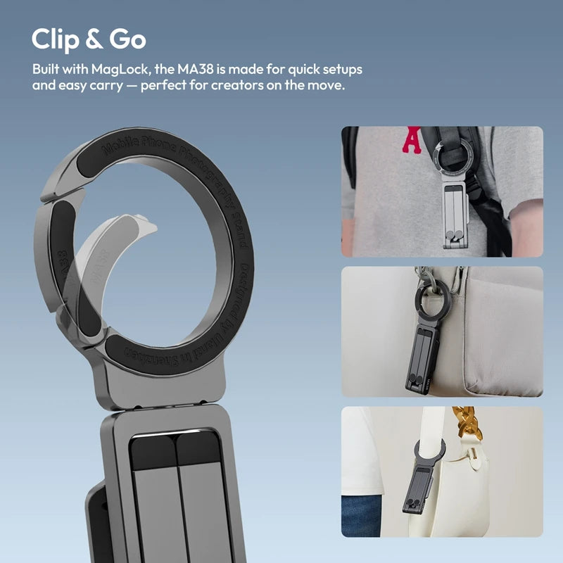 Ulanzi MA38 MagLock Phone Stand Magnetic Phone Stand for iPhone 16 15 14 13 with Hidden Hook for Slopes Walls