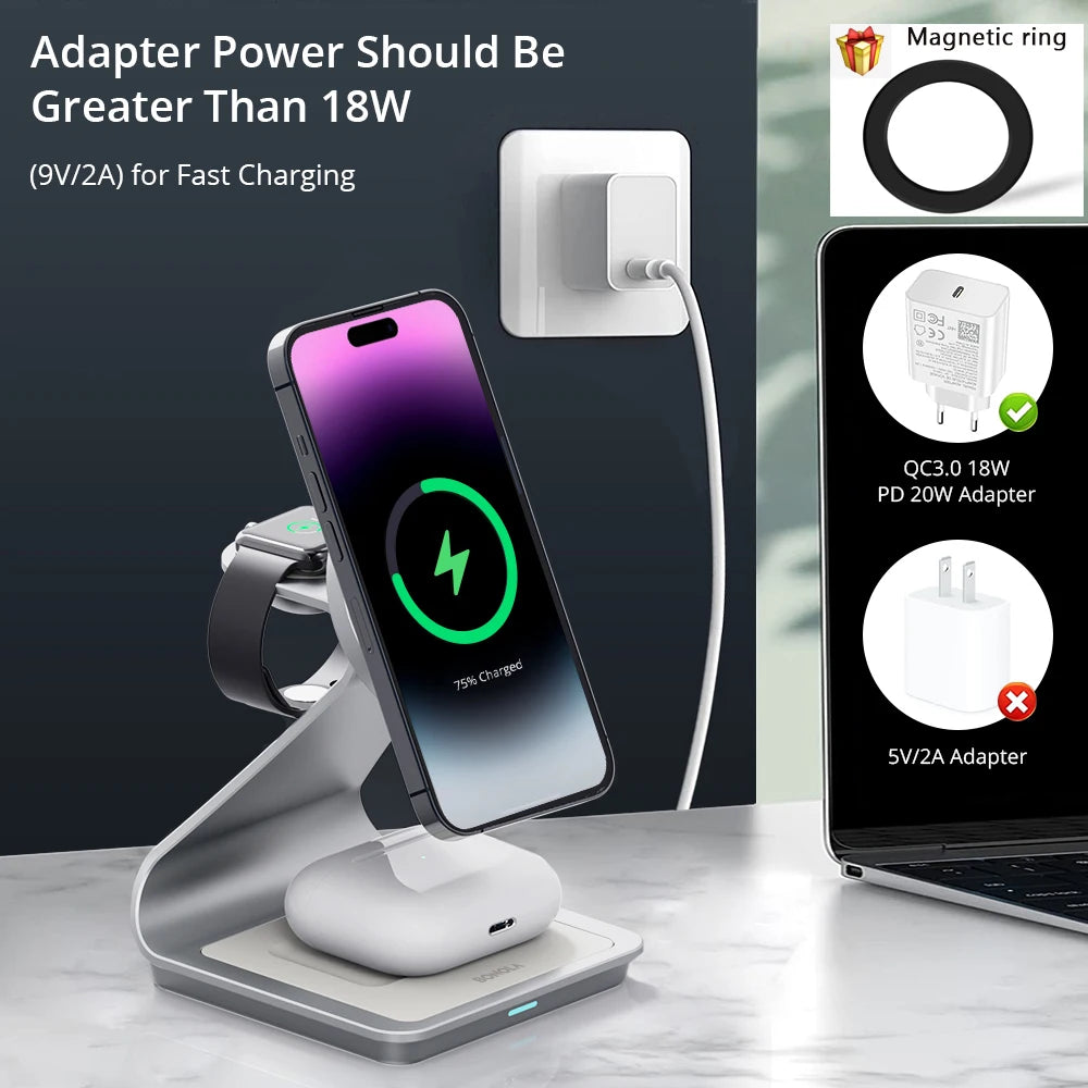 Bonola Magnetic 3 in 1 Charger Metal Stand for iPhone 14/15/16/17 Pro Fast Wireless Charging Desk Holder for Apple Watch/AirPods