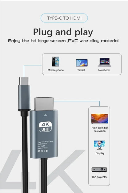 USB C to HDMI 4K 60Hz Adapter Cable Type C HDTV Converter for iPhone 15 iPad MacBook Air Samsung Laptop and TV Display