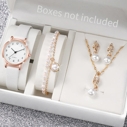 5/6PCS Fashion Women's Quartz Watch Leather Band Analog Quartz Watches with Diamond Jewelry (Without Box)