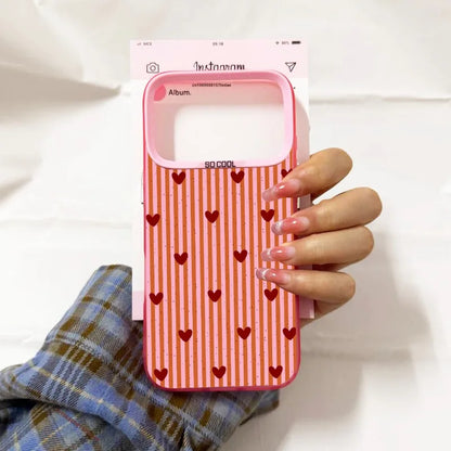 Simple Cute Pink White Plaid Love Heart Phone Case For iPhone 17 Air 16 Pro MAX 14 Plus 15 13 11 12Mini Stripes Design IMD Cover