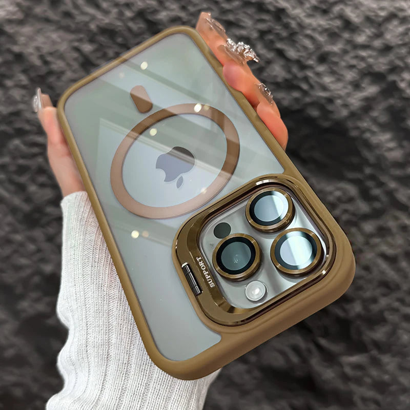 Luxury Lens Holder Transparent Magnetic Wireless Charge Case For iPhone 11 12 13 14 15 16 17 Air Pro Max Plus Shockproof Cover