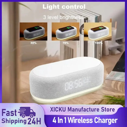 Wireless Charger Pad Phone Alarm Bedroom Lamp Night Light Desktop Clock Thermometer For iPhone 16 15 14 13 12 Fast Charging Dock