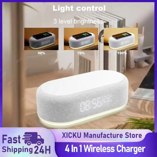 Wireless Charger Pad Phone Alarm Bedroom Lamp Night Light Desktop Clock Thermometer For iPhone 16 15 14 13 12 Fast Charging Dock