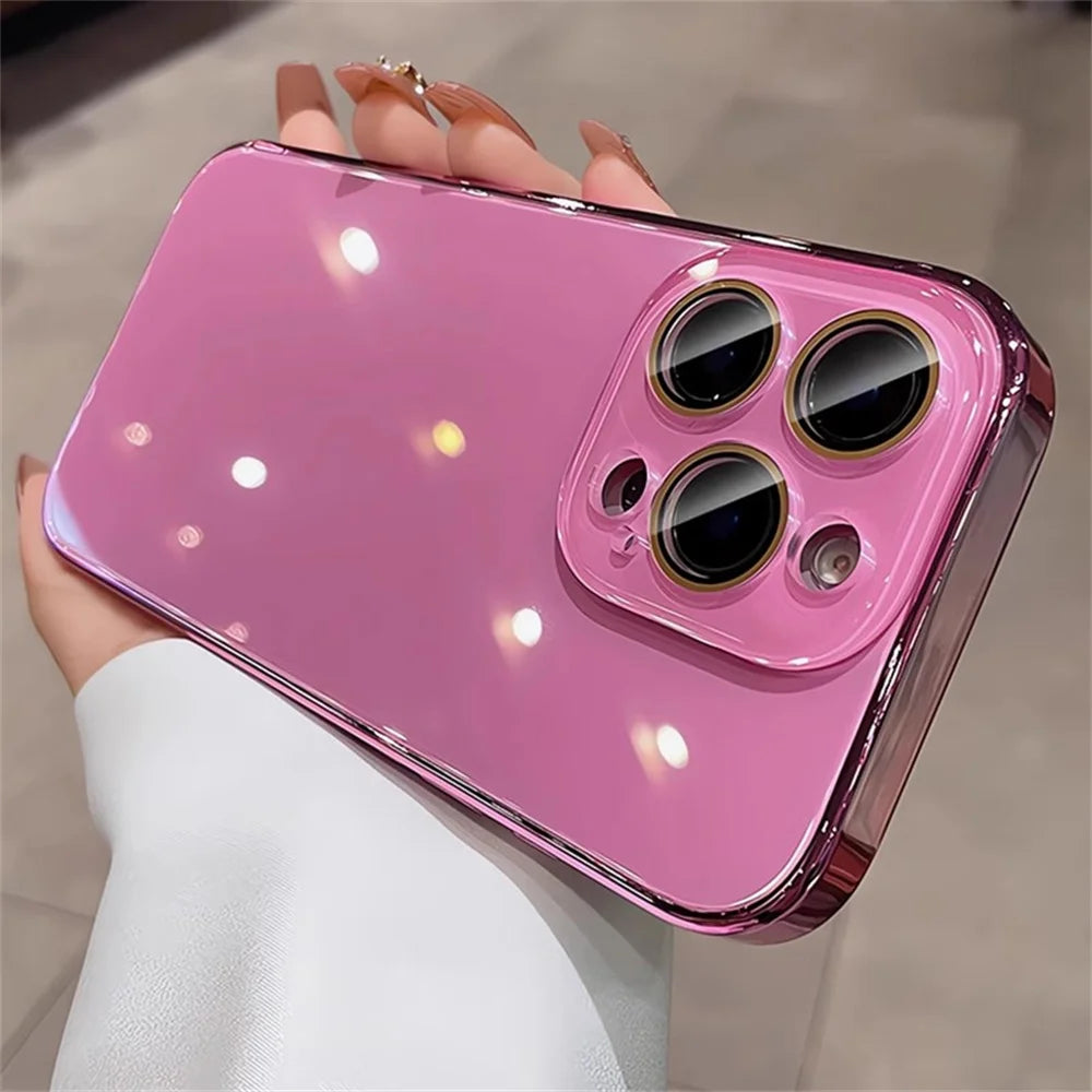 Luxury Plating Bumper Armor Glossy Case For iPhone 11 12 13 14 15 16 17 Pro Max Crystal Glass Lens Protection Hard Cover