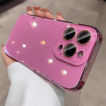 Luxury Plating Bumper Armor Glossy Case For iPhone 11 12 13 14 15 16 17 Pro Max Crystal Glass Lens Protection Hard Cover