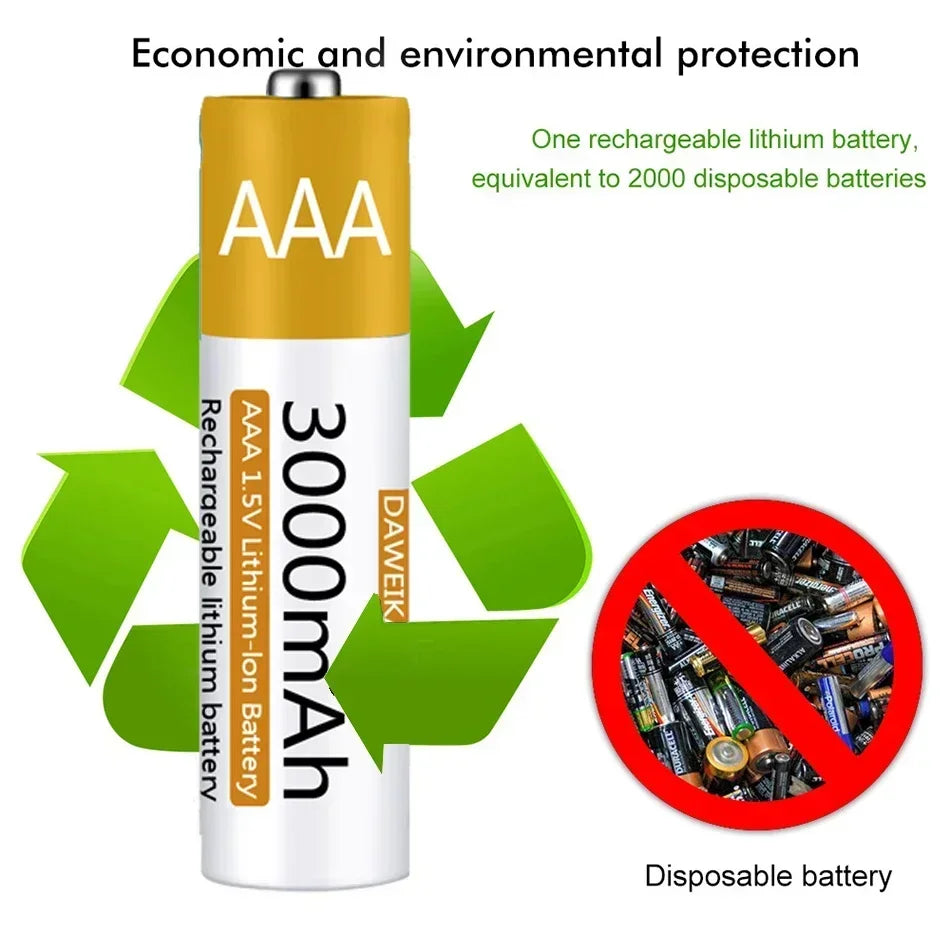 Rechargeable Lithium-ion Battery 3000mAh 1.5V AAA Battery for remote control mouse small fan Electric toy