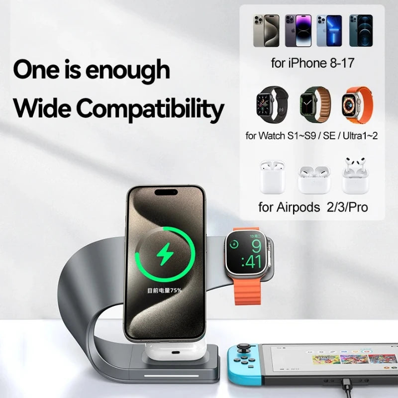 4 in 1 Wireless Charger Metal Shell Magnetic 15W Fast Charging Station Stand with LED Light for iPhone 12-16 17 Mobile Phones