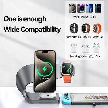 4 in 1 Wireless Charger Metal Shell Magnetic 15W Fast Charging Station Stand with LED Light for iPhone 12-16 17 Mobile Phones